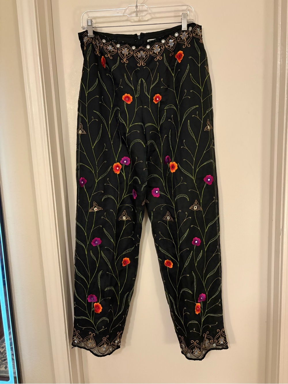 Chetta B Black Embroidered Floral Ankle Pants with Orange & Purple Blossoms
